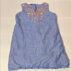 Talbots Sleeveless Chambray Dress Embroidered Floral V-Neck sz 10 Summer Linen